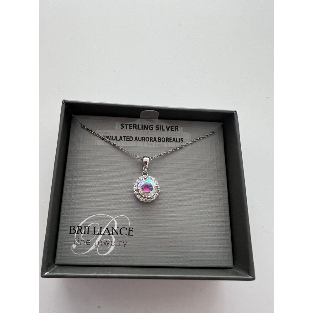 Necklace round pendant sterling silver simulated Aurora Borealis, crystals New